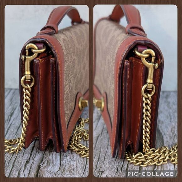 Coach Riley Signature Colorblock Chain Clutch Crossbody Bag. Tan/Rust. #68312 - Picture 7 of 11